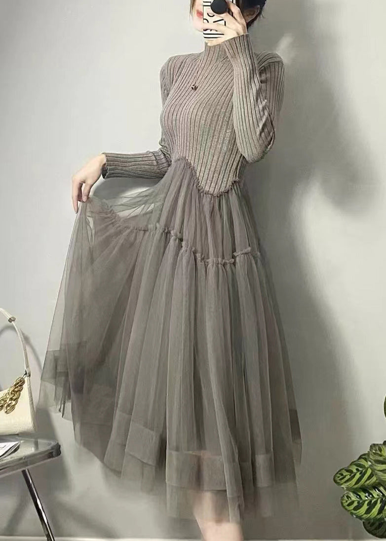 Beautiful Grey Asymmetrical Tulle Patchwork Long Dresses Fall