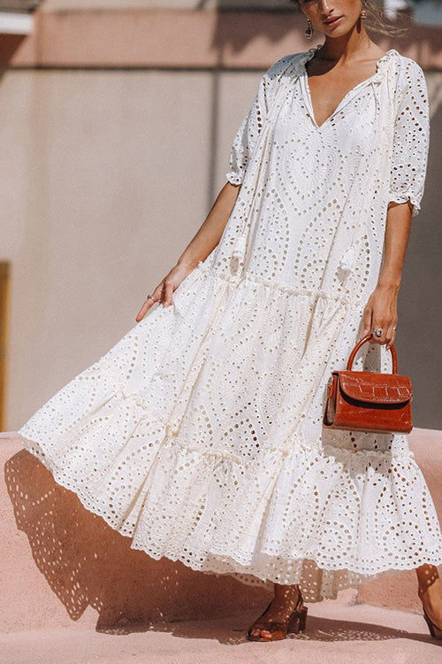 Eyelet Tassels Tiered Maxi Dress