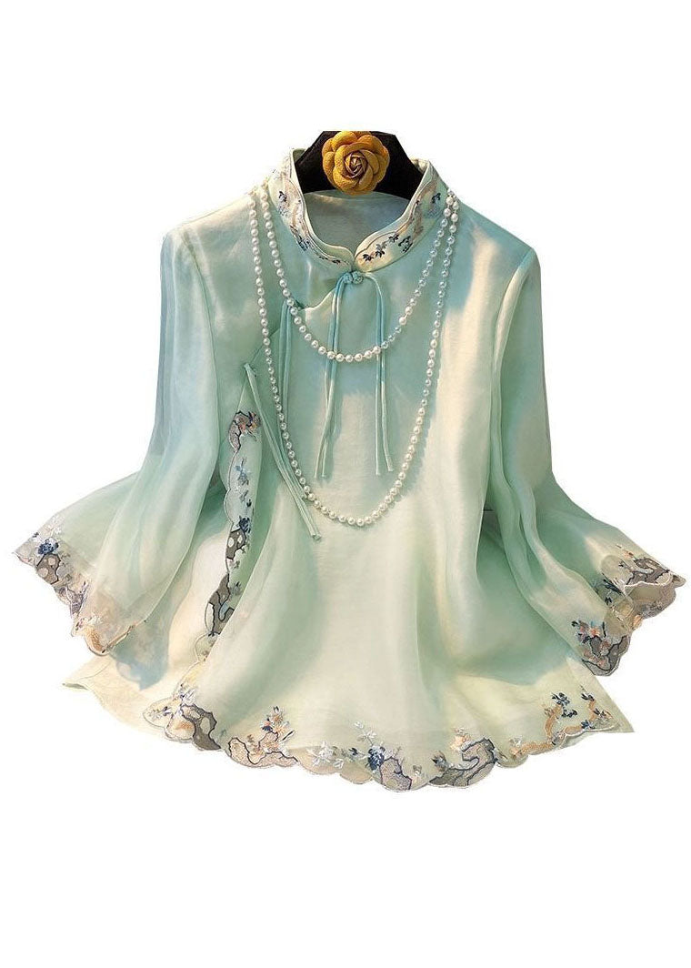 Fine Light Green Tasseled Embroideried Patchwork Silk Blouse Tops Spring