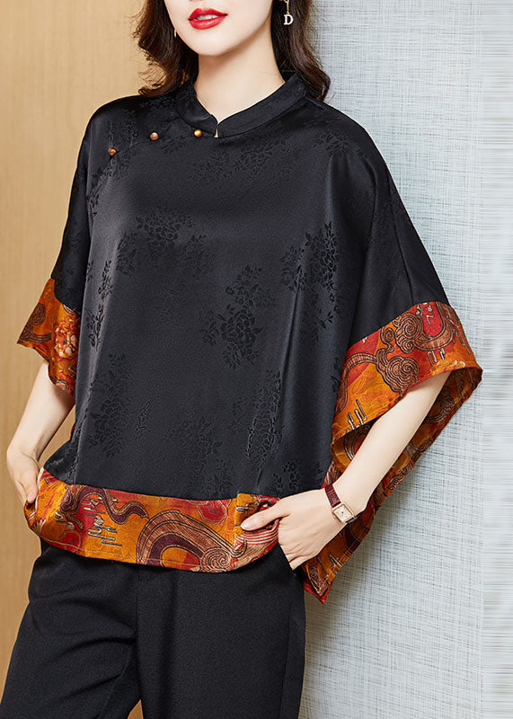 Vintage Black Mandarin Collar Asymmetrical Patchwork Jacquard Silk Shirts Batwing Sleeve