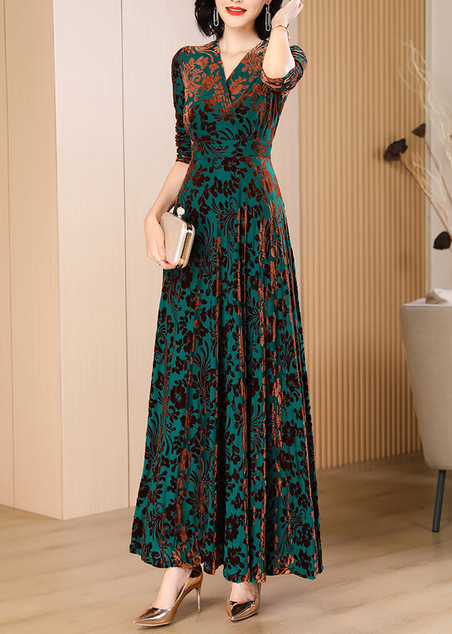 Classy Blackish Green V Neck Print Slim Velour Maxi Dresses Spring