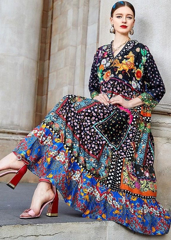 Bohemian Colorblock V Neck Print Patchwork Silk Long Dress Spring