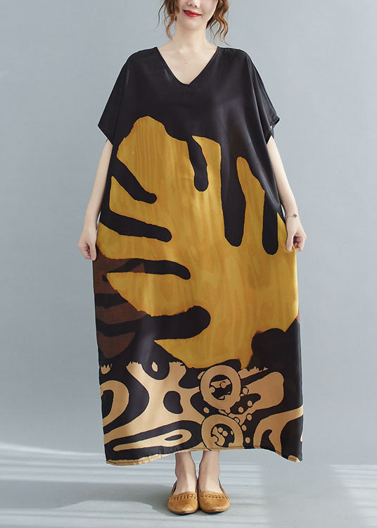 Loose Black V Neck Oversized Leaf Print Chiffon Long Dress Short Sleeve