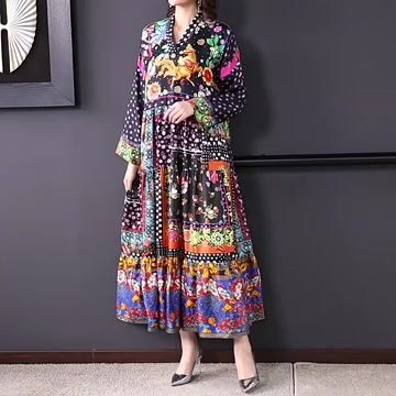 Bohemian Colorblock V Neck Print Patchwork Silk Long Dress Spring