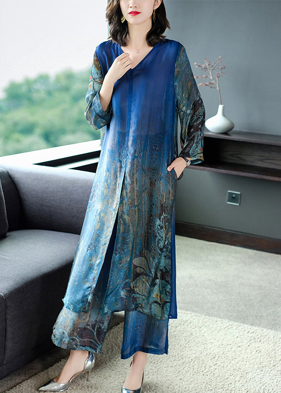 Boutique Blue V Neck Side Open Print Silk Dress And Wide Leg Pants Women Sets Two Pieces Summer