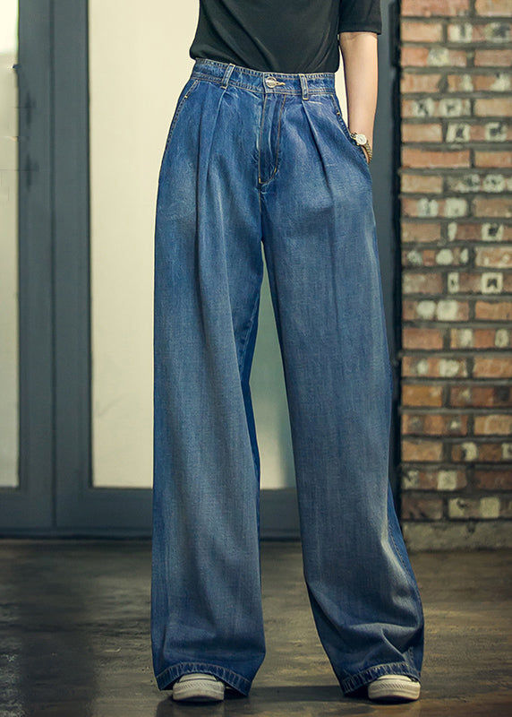 Elegant Denim Blue High Waist Pockets Button Cotton Loose Wide Leg Pants