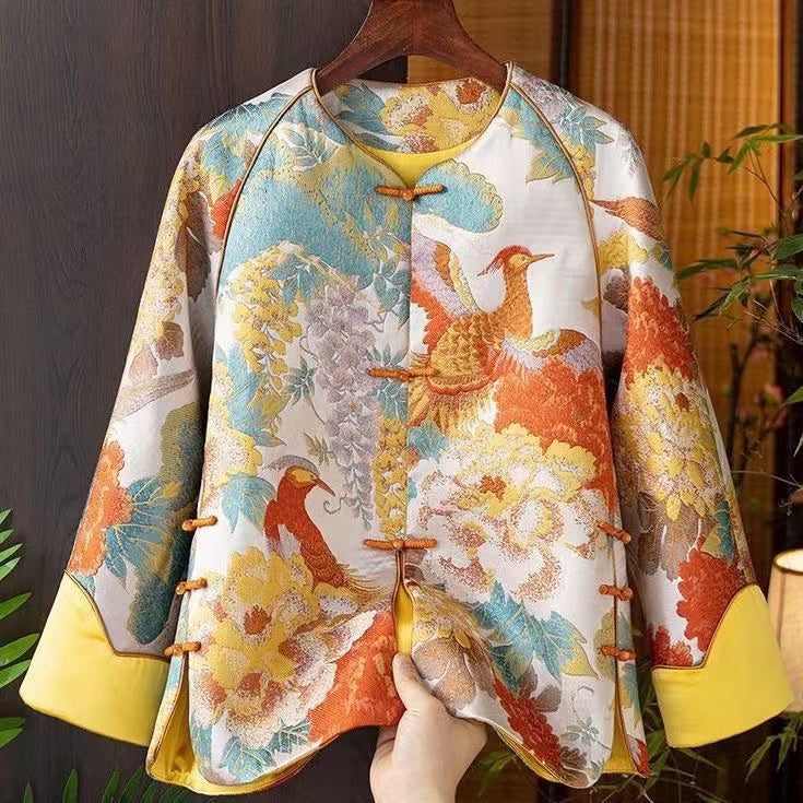 Chinese Style Blue Embroidered Oriental Button Spliced Silk Coat Autumn