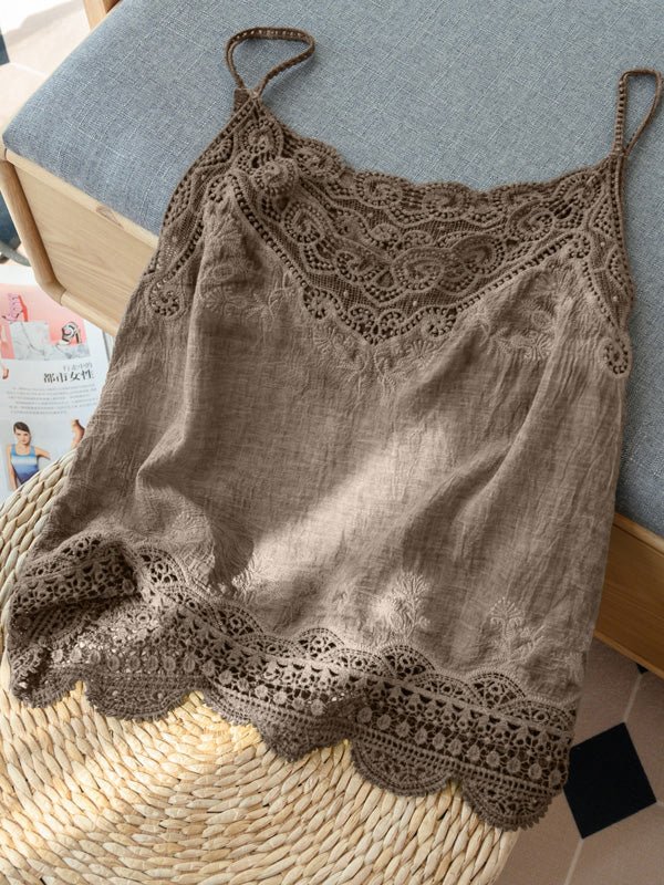 Khaki Loose Casual Vintage Lace Sleeveless Vest