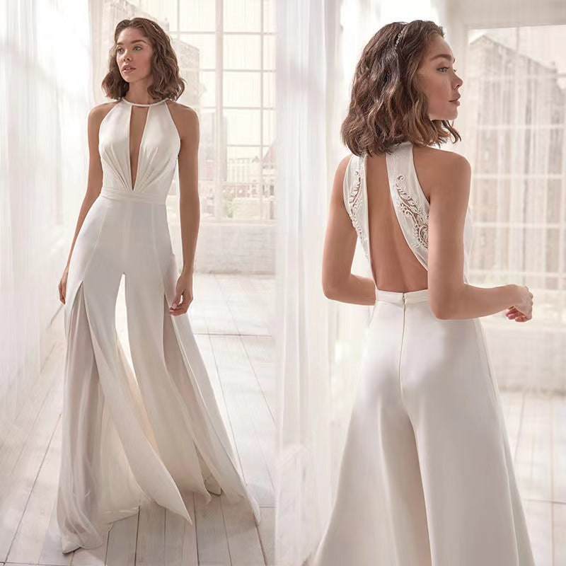 Sexy  White Plain Deep V Neck Backless Sheer Spliced Jumpsuit