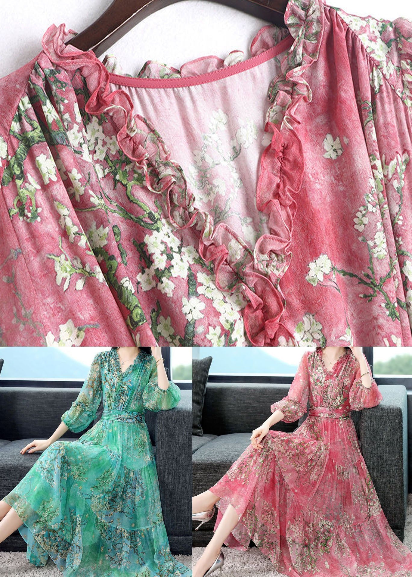 Green Print Patchwork Silk Dress Ruffled Lantern Sleeve