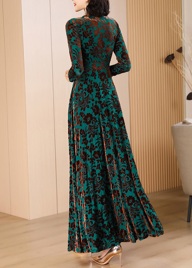 Classy Blackish Green V Neck Print Slim Velour Maxi Dresses Spring