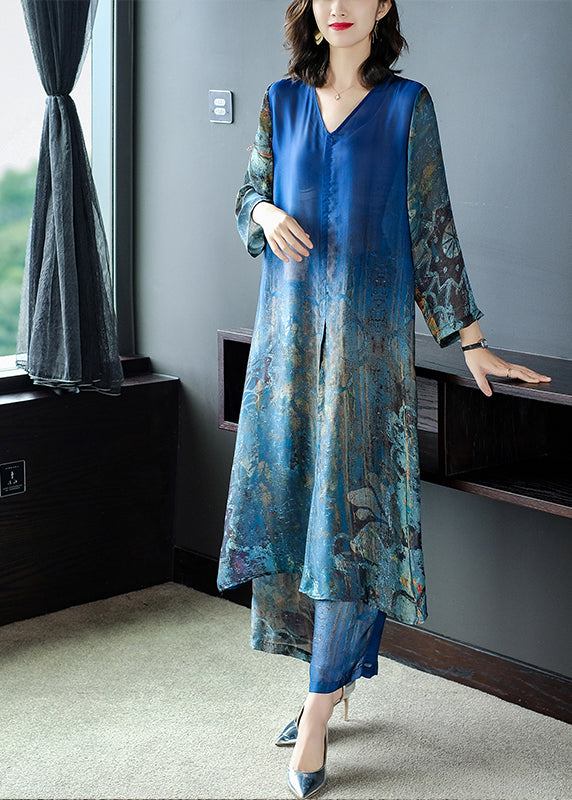 Boutique Blue V Neck Side Open Print Silk Dress And Wide Leg Pants Women Sets Two Pieces Summer