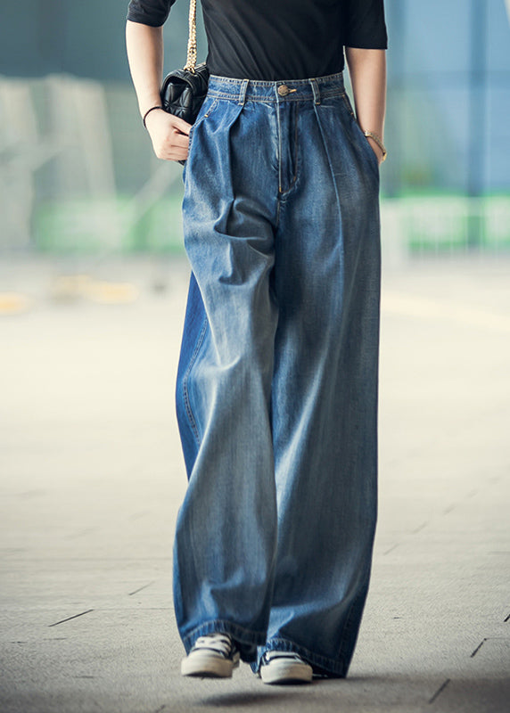 Elegant Denim Blue High Waist Pockets Button Cotton Loose Wide Leg Pants