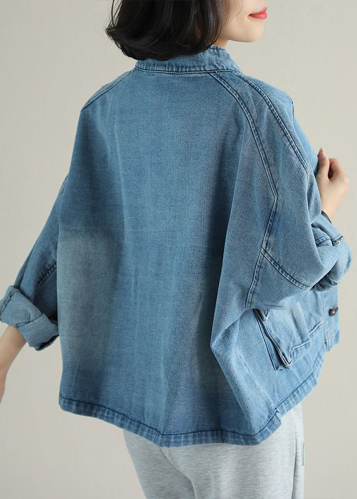 Fashion Blue Stand Collar Button Big Pockets Denim Coat Long Sleeve