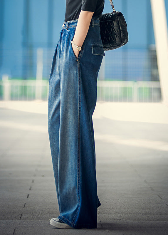 Elegant Denim Blue High Waist Pockets Button Cotton Loose Wide Leg Pants