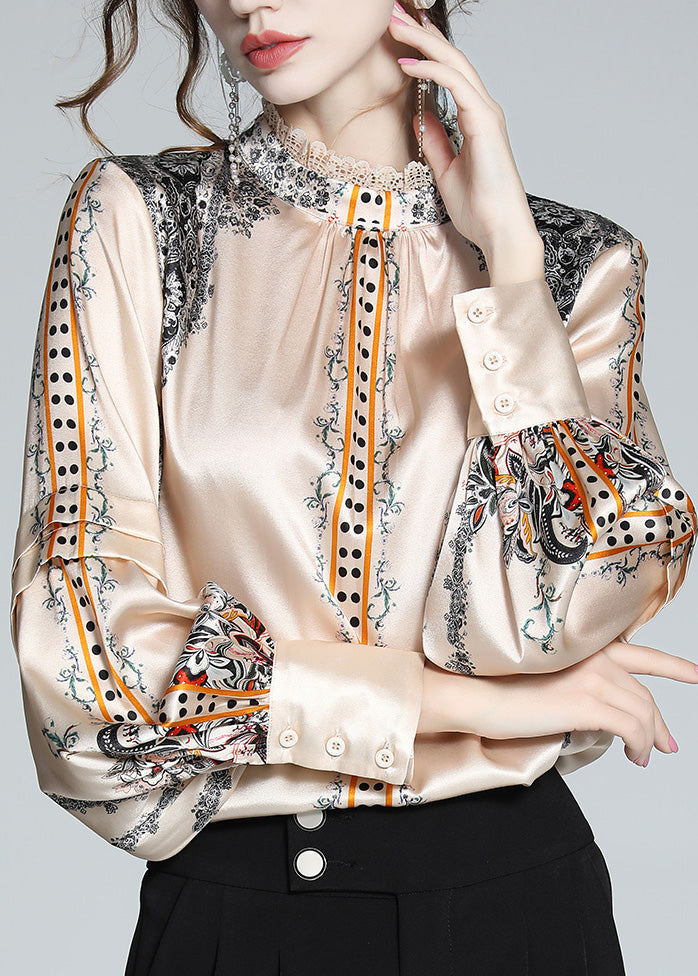 French Stand Collar Print Lace Patchwork Silk Shirt Spring