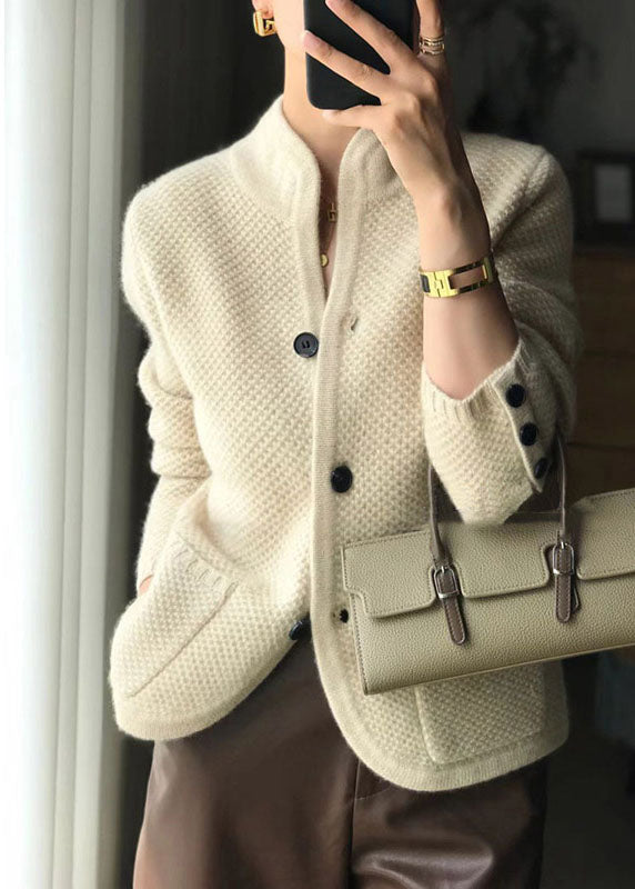 Stylish Beige Stand Collar Slim Fit Button Cashmere Cardigans Spring