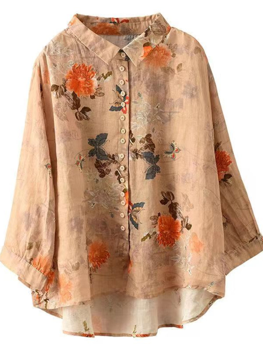 Simple Orange Peter Pan Collar Print Button Cotton Blouse Tops Long Sleeve