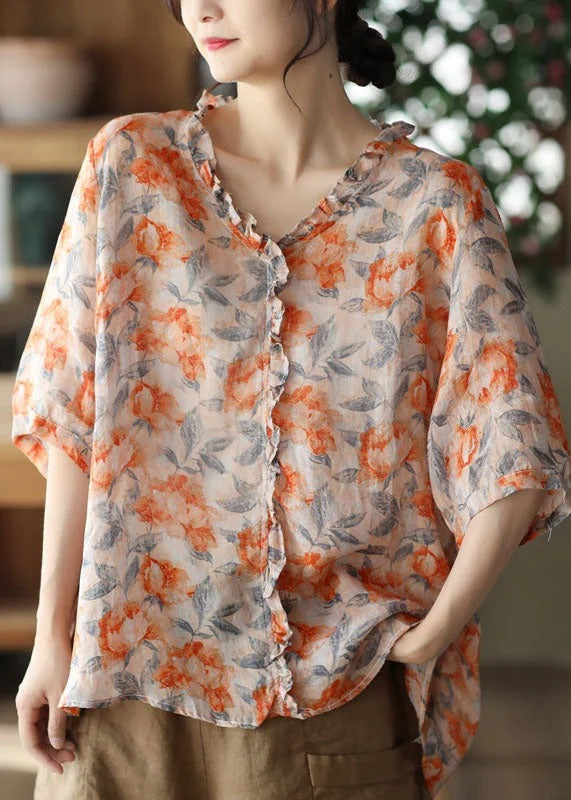 Simple Orange Peter Pan Collar Print Button Cotton Blouse Tops Long Sleeve