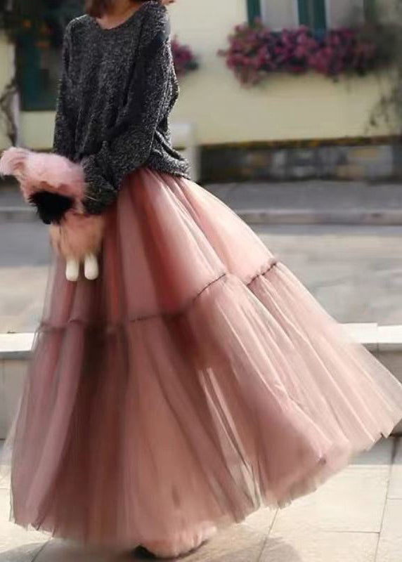 Women Pink Ruffled Tulle Cinched Circle Fall Skirt