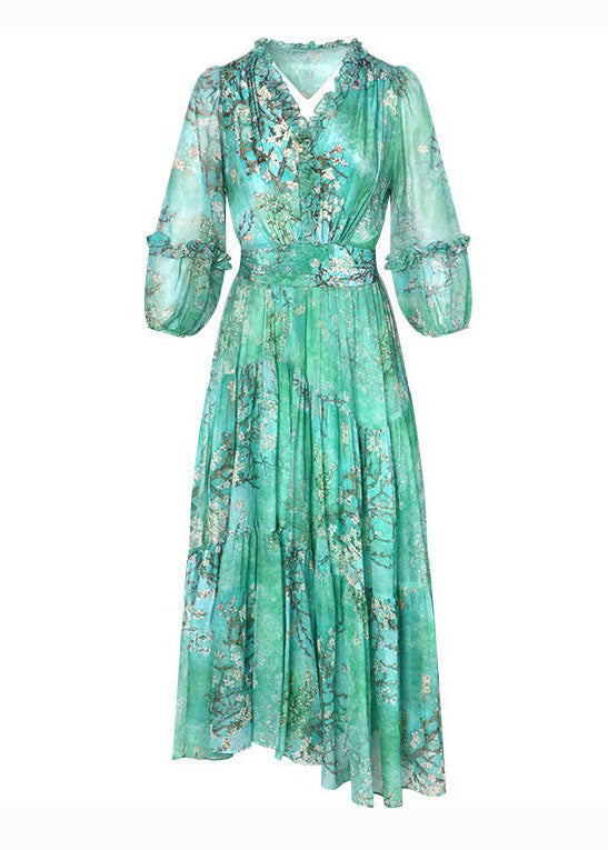 Green Print Patchwork Silk Dress Ruffled Lantern Sleeve