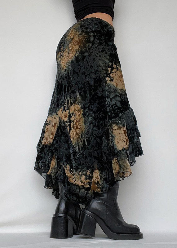 Shipping in 24 hours-Chic Black Asymmetrical Print Ruffled Patchwork Silk Velour Skirt Summer