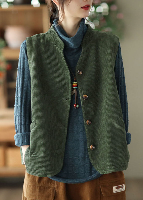 Boutique Green Stand Collar Solid Corduroy Vest Tops Spring