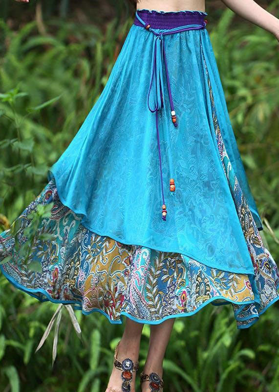 Vintage Blue Wrinkled Patchwork Print Chiffon Skirts Spring